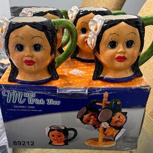 Vintage Style Head-Shaped Mugs with Green Handles